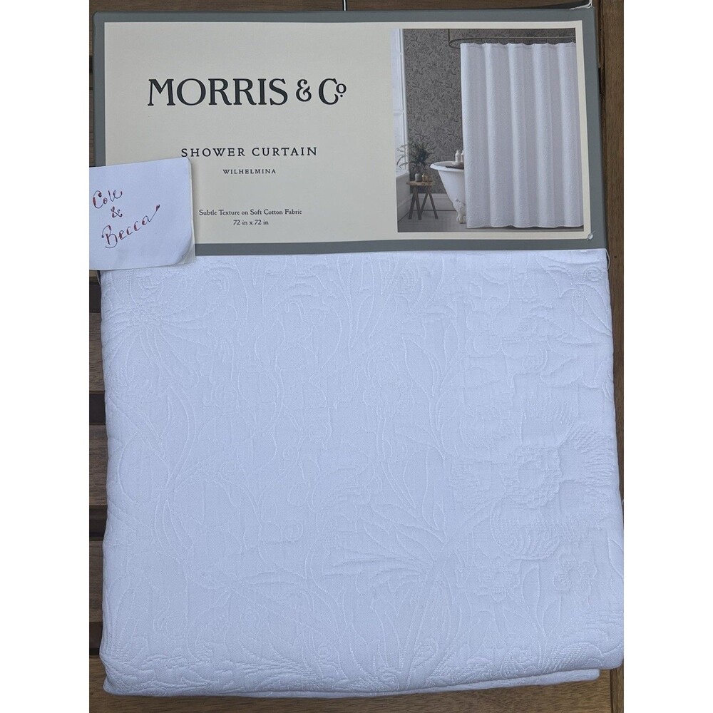 Morris & Co. Wilhemina Fabric Shower Curtain White Botanical Bath Décor New